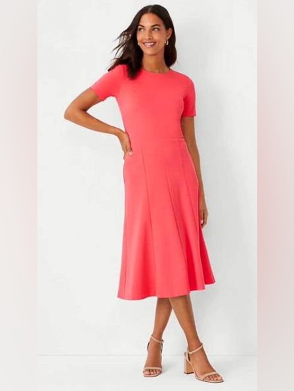 Ann Taylor  Short-Sleeve Flare Midi Dress in Deep Coral - Sz 16P